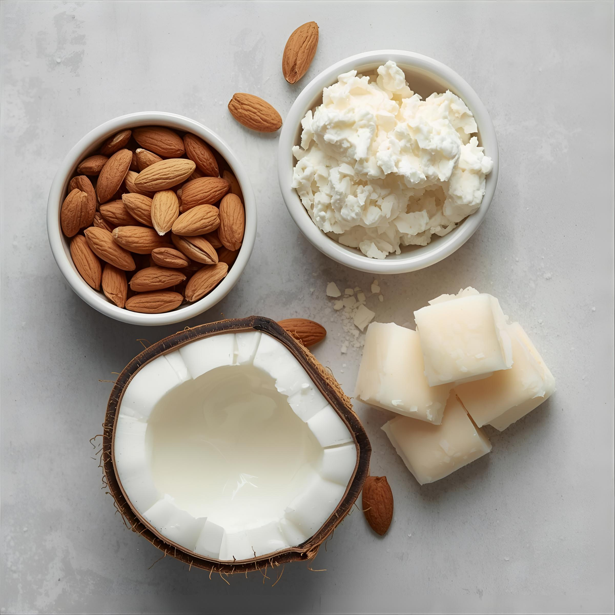 Bowls of almonds, coconut, shea butter, and cocoa butter on grey surface